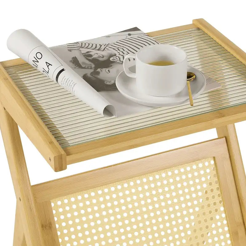 Table d'appoint en bambou avec plateau en verre et étagère de rangement