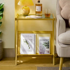 Table d'appoint en bambou avec plateau en verre et étagère de rangement