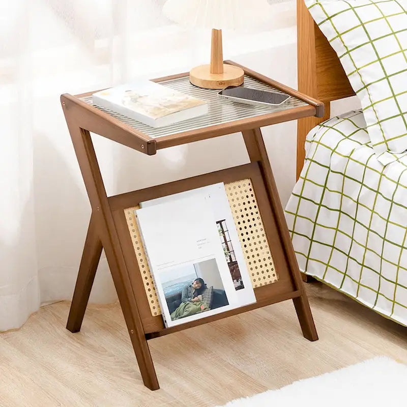 Table d'appoint en bambou avec plateau en verre et étagère de rangement