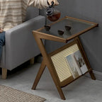 Table d'appoint en bambou avec plateau en verre et étagère de rangement