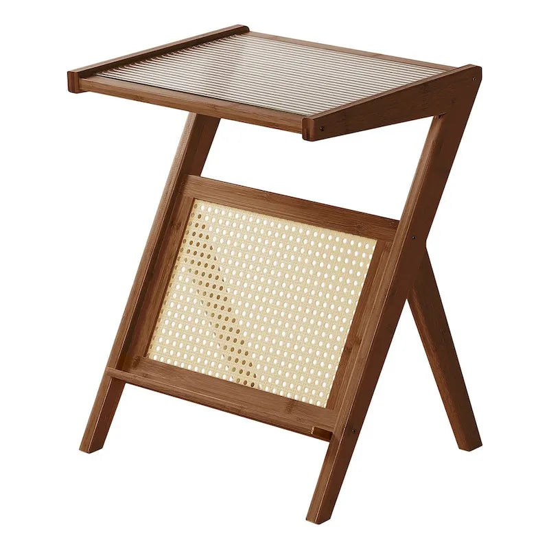 Table d'appoint en bambou avec plateau en verre et étagère de rangement