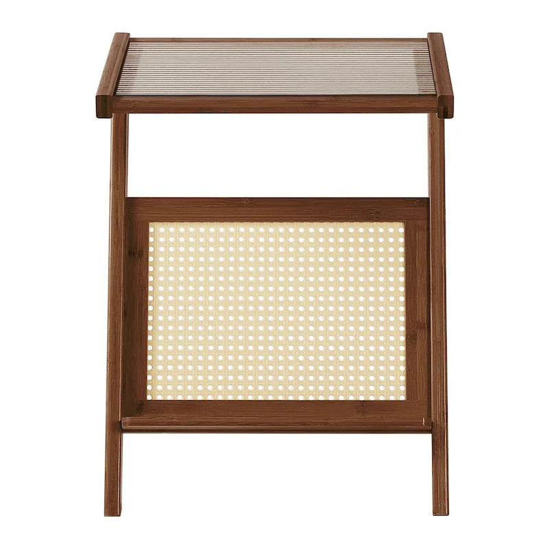 Table d'appoint en bambou avec plateau en verre et étagère de rangement