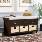 Banc de rangement rustique avec 3 tiroirs et 3 paniers en rotin