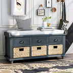 Banc de rangement rustique avec 3 tiroirs et 3 paniers en rotin