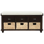 Banc de rangement rustique avec 3 tiroirs et 3 paniers en rotin