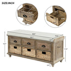 Banc de rangement rustique avec 3 tiroirs et 3 paniers en rotin