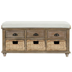 Banc de rangement rustique avec 3 tiroirs et 3 paniers en rotin