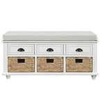 Banc de rangement rustique avec 3 tiroirs et 3 paniers en rotin