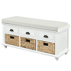 Banc de rangement rustique avec 3 tiroirs et 3 paniers en rotin