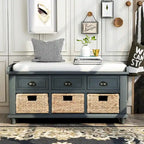 Banc de rangement rustique avec 3 tiroirs et 3 paniers en rotin