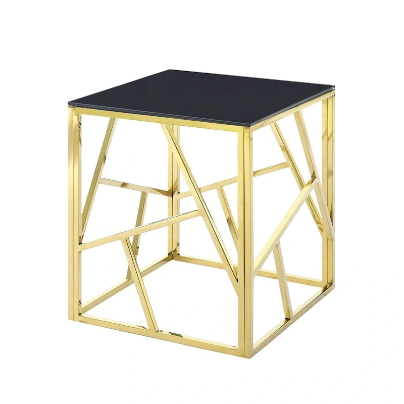 Table d'appoint en verre trempé avec cadre métallique et espace de rangement