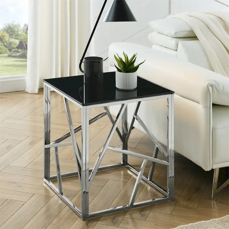 Table d'appoint en verre trempé avec cadre métallique et espace de rangement