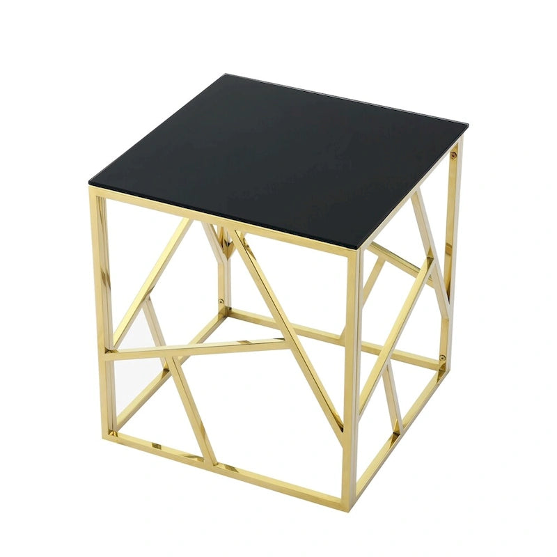 Table d'appoint en verre trempé avec cadre métallique et espace de rangement