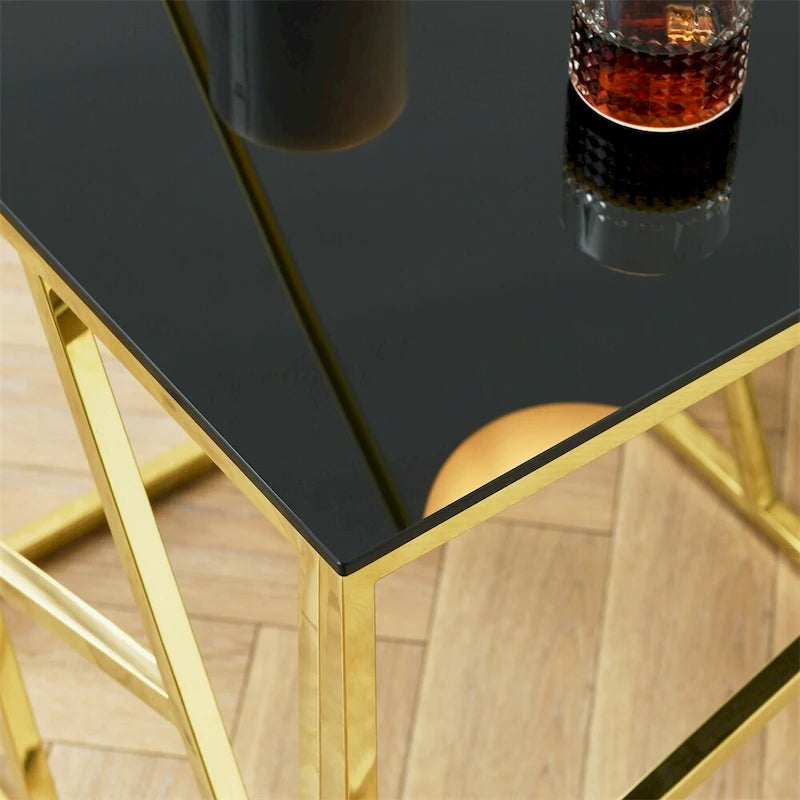 Table d'appoint en verre trempé avec cadre métallique et espace de rangement