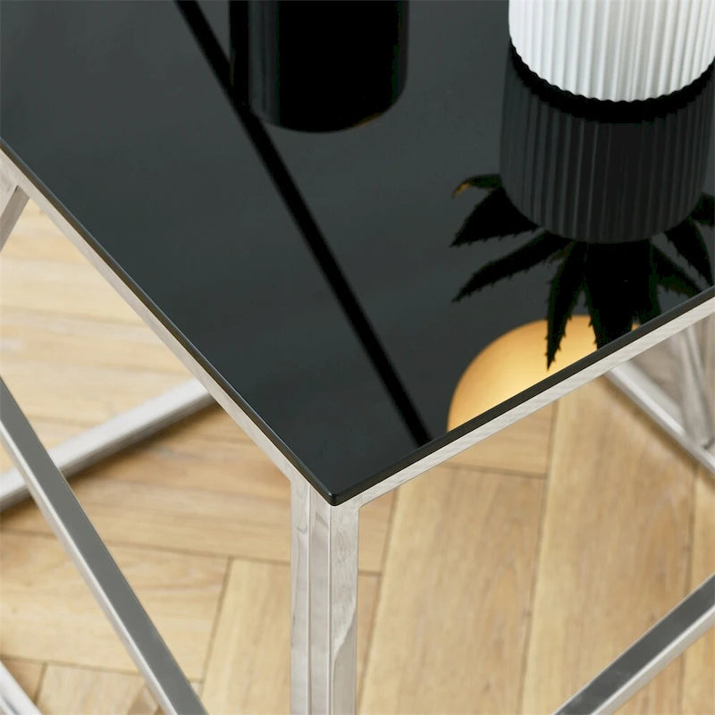 Table d'appoint en verre trempé avec cadre métallique et espace de rangement