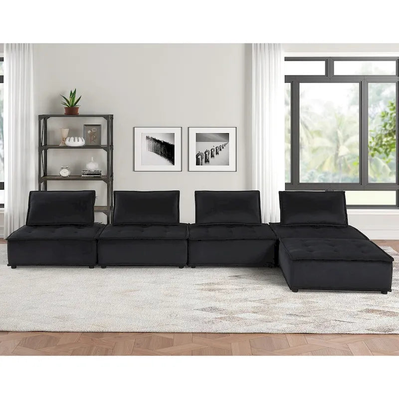 Canapé d'angle modulaire 5 pièces en velours avec pouf