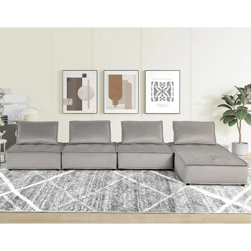 Canapé d'angle modulaire 5 pièces en velours avec pouf