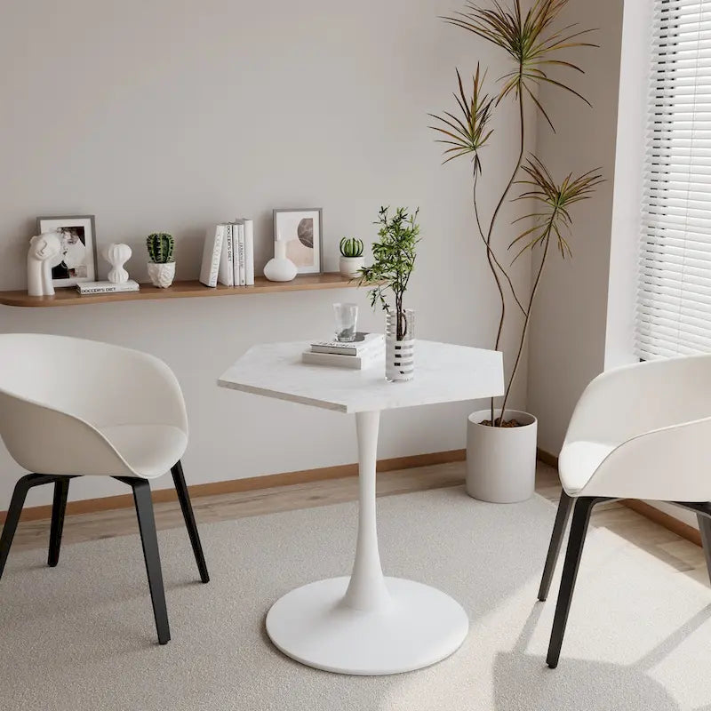 31.50 Modern Hexagonal Coffee Table with Printed Marble Top and Metal Base for Dining Room, Kitchen and Living Room