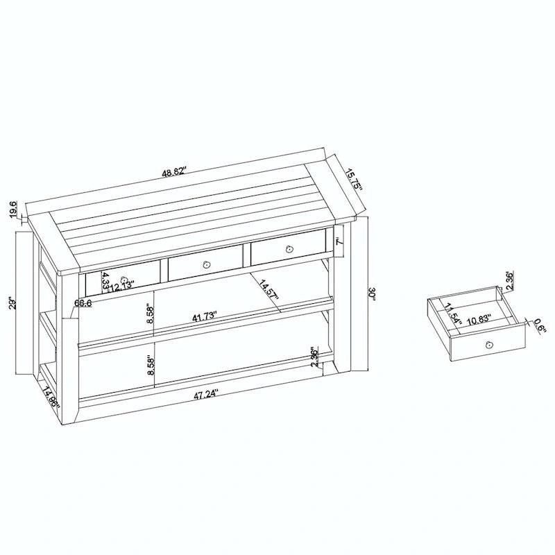 Console de 48 po en pin massif avec tiroirs et étagère