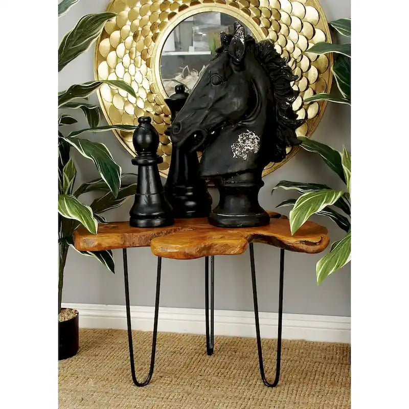 Table basse à plateau en bois massif fait main avec pieds épingles à cheveux en métal noir - Marron - Roche River Decor