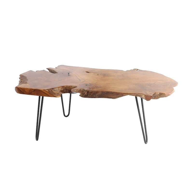 Table basse à plateau en bois massif fait main avec pieds épingles à cheveux en métal noir - Marron - Roche River Decor