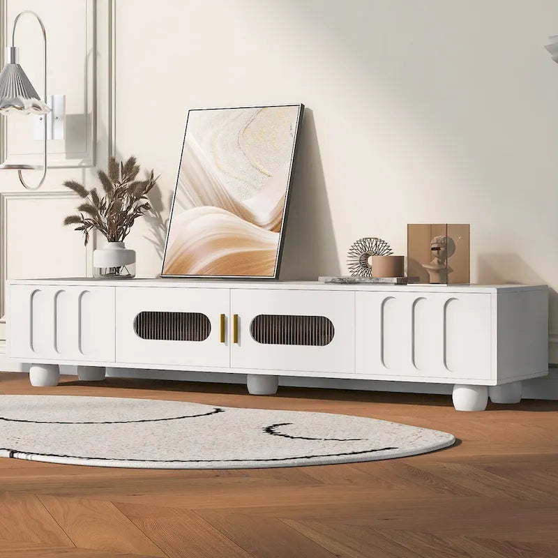 Modern TV Stand with Glass Door 2 Drawers and Cabinets for TVs up to 80 Inches