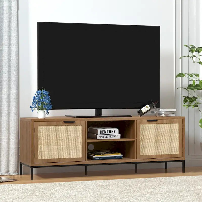 Meuble TV moderne Anmytek avec 2 portes, console média, centre de divertissement avec 4 placards de rangement pour TV jusqu'à 65 pouces - 59