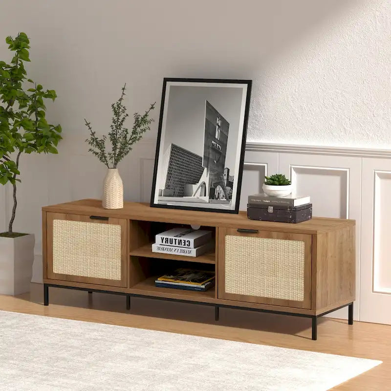 Meuble TV moderne Anmytek avec 2 portes, console média, centre de divertissement avec 4 placards de rangement pour TV jusqu'à 65 pouces - 59