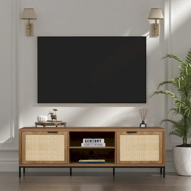Meuble TV moderne Anmytek avec 2 portes, console média, centre de divertissement avec 4 placards de rangement pour TV jusqu'à 65 pouces - 59