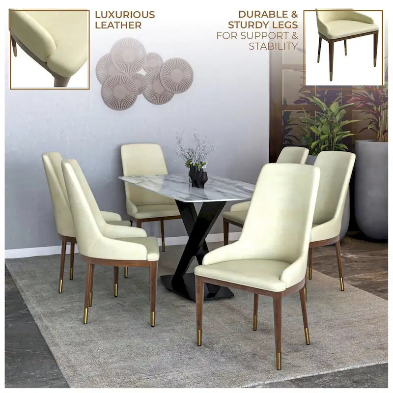 Chaise de salle à manger en cuir rembourrée avec cadre en bois d'hévéa, chaise d'appoint à dossier haut et pieds à accents dorés pour salon