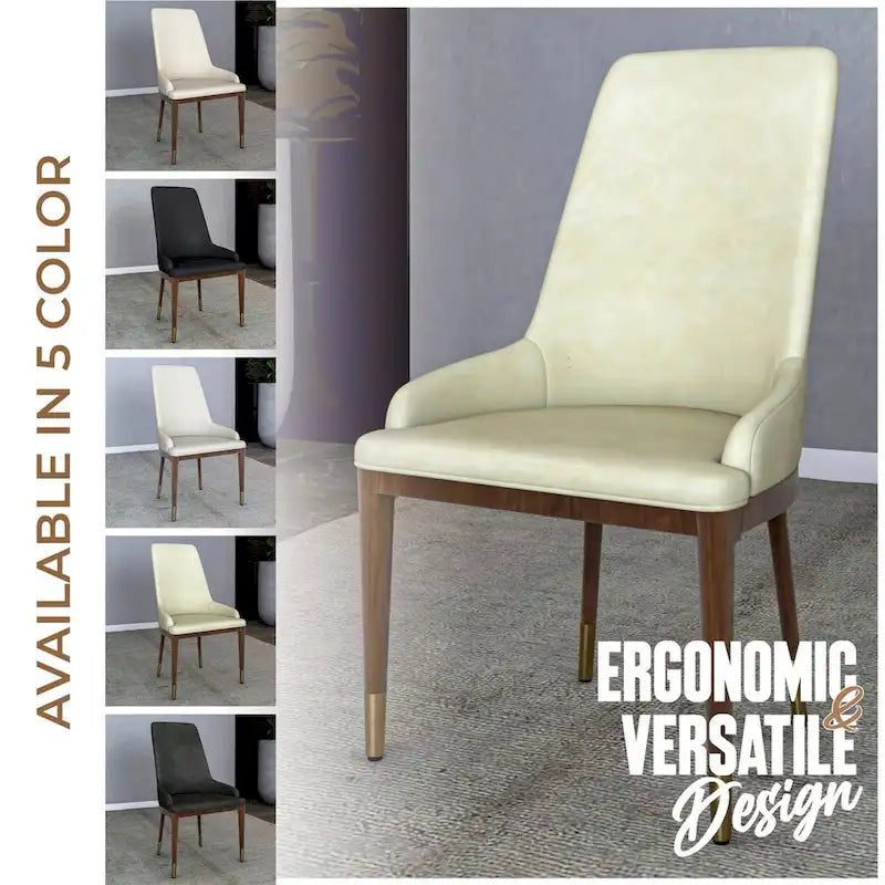 Chaise de salle à manger en cuir rembourrée avec cadre en bois d'hévéa, chaise d'appoint à dossier haut et pieds à accents dorés pour salon