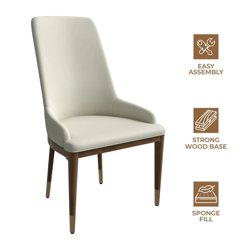 Chaise de salle à manger en cuir rembourrée avec cadre en bois d'hévéa, chaise d'appoint à dossier haut et pieds à accents dorés pour salon