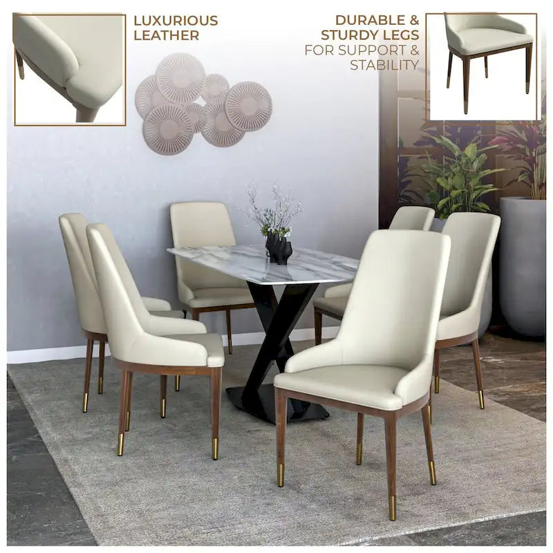Chaise de salle à manger en cuir rembourrée avec cadre en bois d'hévéa, chaise d'appoint à dossier haut et pieds à accents dorés pour salon