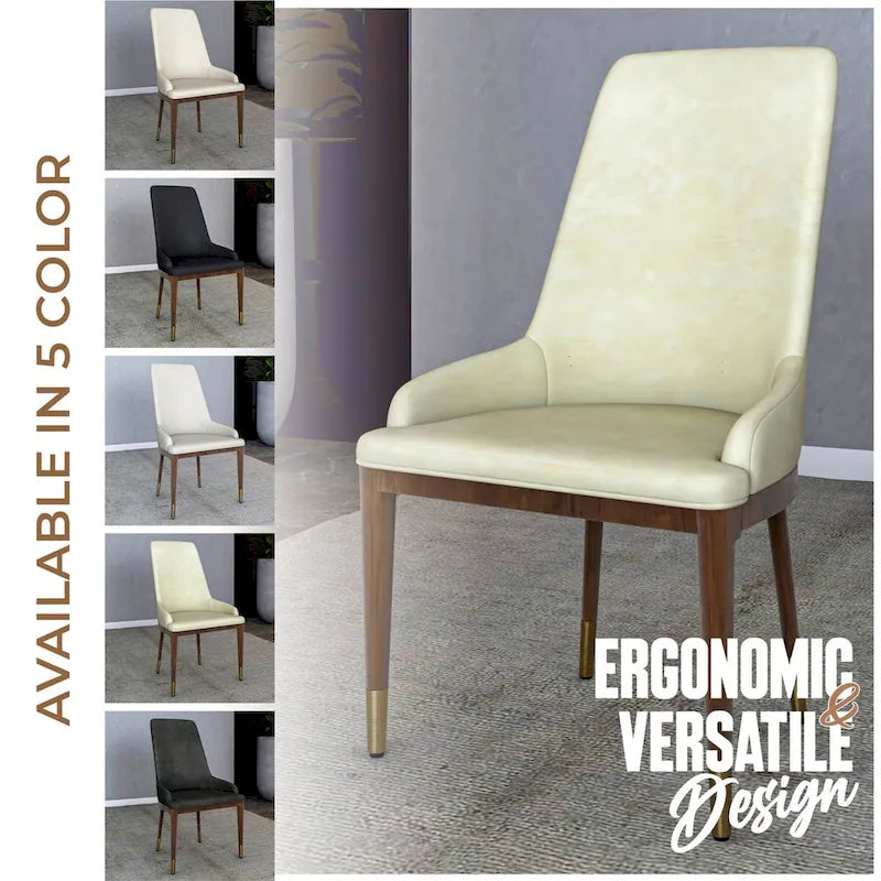 Chaise de salle à manger en cuir rembourrée avec cadre en bois d'hévéa, chaise d'appoint à dossier haut et pieds à accents dorés pour salon