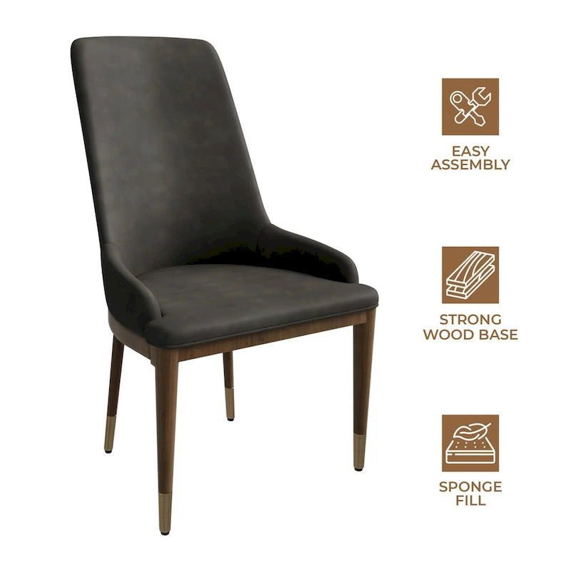 Chaise de salle à manger en cuir rembourrée avec cadre en bois d'hévéa, chaise d'appoint à dossier haut et pieds à accents dorés pour salon