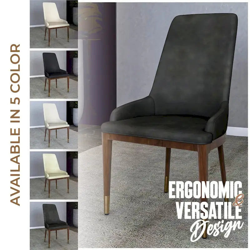 Chaise de salle à manger en cuir rembourrée avec cadre en bois d'hévéa, chaise d'appoint à dossier haut et pieds à accents dorés pour salon