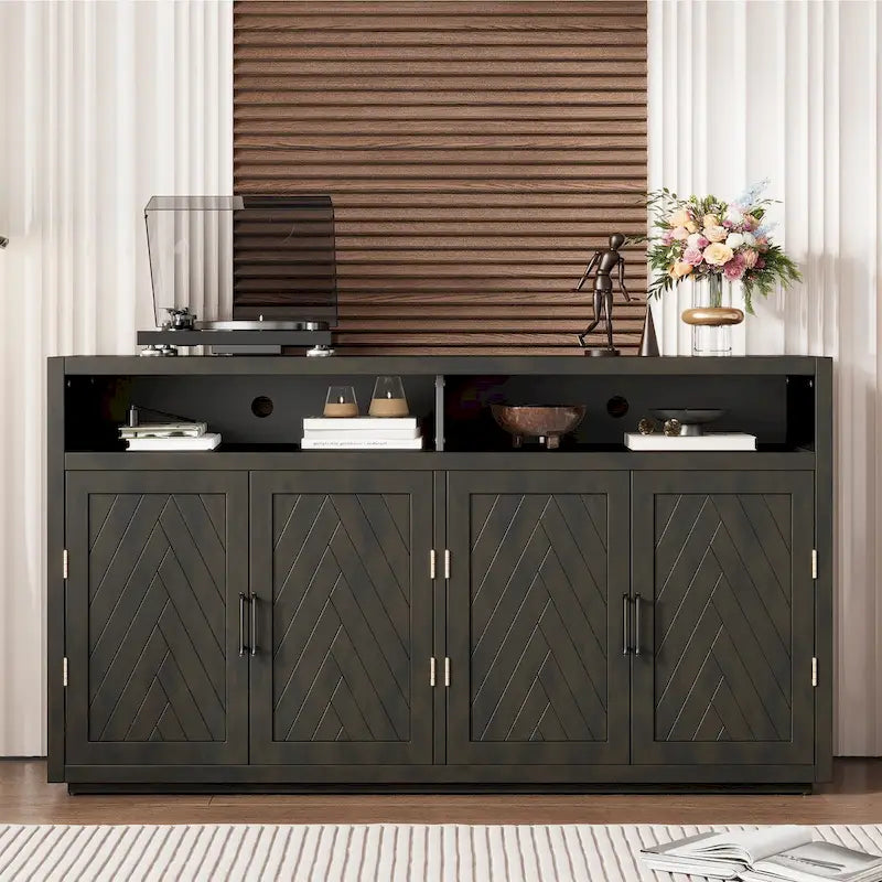 Bahut classique 4 portes avec rangement ouvert et étagères réglables, idéal pour les cuisines et les salons