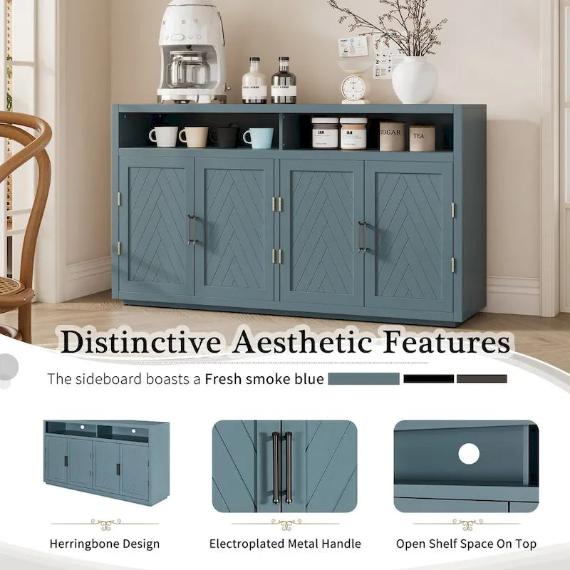 Bahut classique 4 portes avec rangement ouvert et étagères réglables, idéal pour les cuisines et les salons