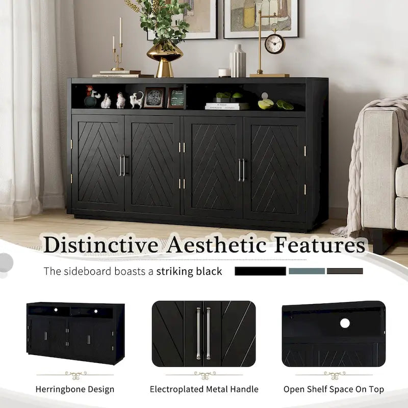 4-door Classic Sideboard with Open Storage and Adjustable Shelves Perfect for kitchens, living rooms