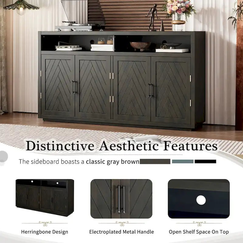 4-door Classic Sideboard with Open Storage and Adjustable Shelves Perfect for kitchens, living rooms