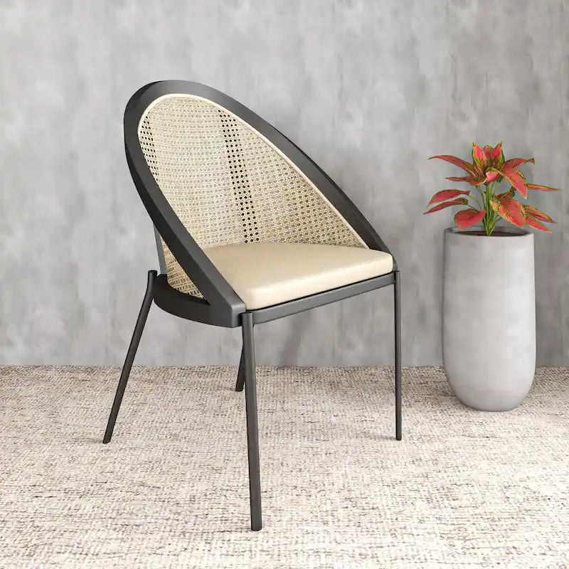 Chaise de salle à manger urbaine moderne et élégante avec assise en cuir et dossier en osier pour la salle à manger et la cuisine