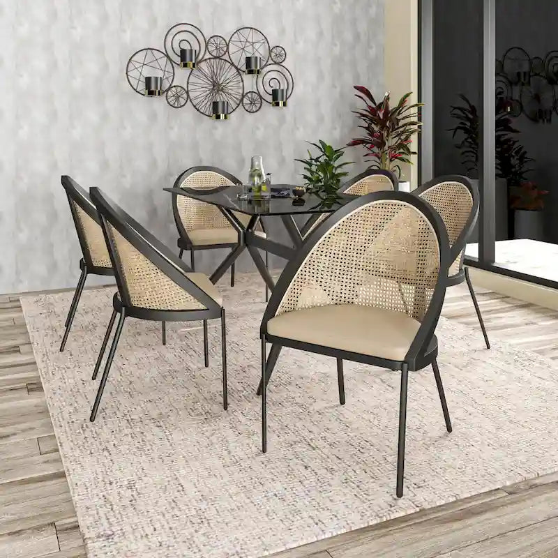 Chaise de salle à manger urbaine moderne et élégante avec assise en cuir et dossier en osier pour la salle à manger et la cuisine