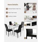 Ensemble de salle à manger de cuisine moderne 5 pièces, ensemble de dînette hauteur comptoir avec plateau aspect marbre et 4 chaises rembourrées en cuir PU