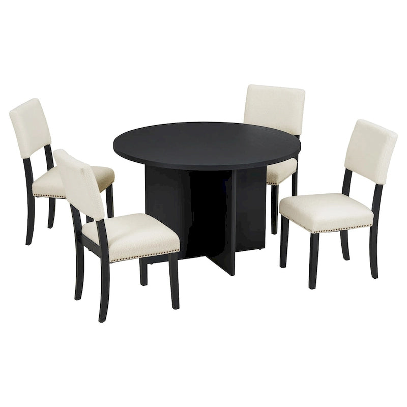 Modern 5-Piece Round Dining Table Set Pedestal Kitchen Table Set with 4 Upholstered Dining Chairs