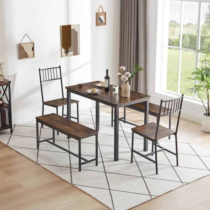 Dining Table Set, Barstool Dining Table with 2 Benches 2 Back Chairs, Industrial Dining Table for Kitchen Breakfast, Living Room