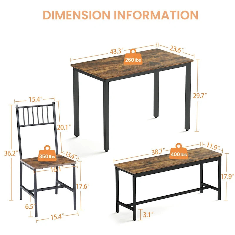 Dining Table Set, Barstool Dining Table with 2 Benches 2 Back Chairs, Industrial Dining Table for Kitchen Breakfast, Living Room