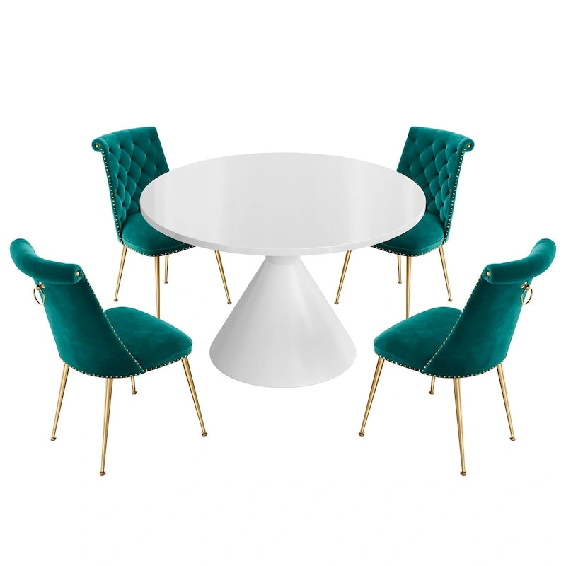 Ensemble de table à manger de luxe blanc brillant avec 48 chaises en velours