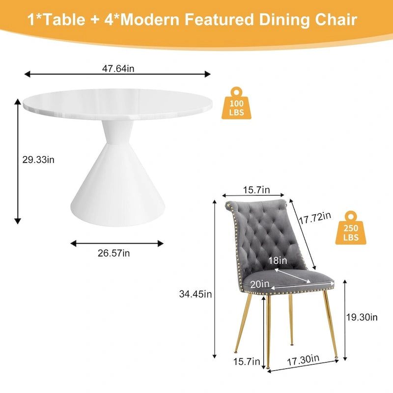 Ensemble de table à manger de luxe blanc brillant avec 48 chaises en velours