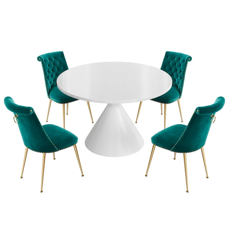 Ensemble de table à manger de luxe blanc brillant avec 48 chaises en velours