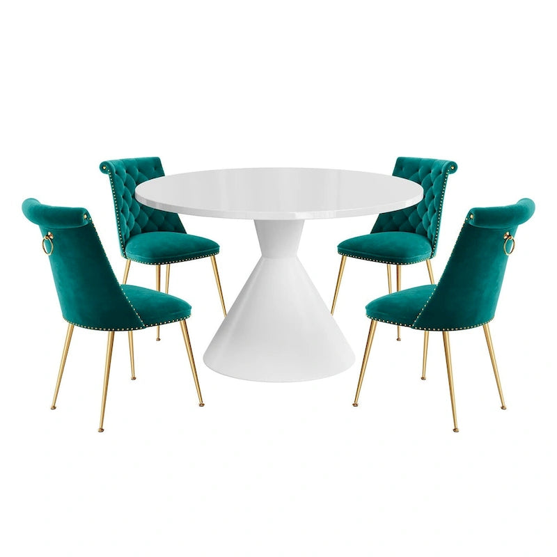 Ensemble de table à manger de luxe blanc brillant avec 48 chaises en velours